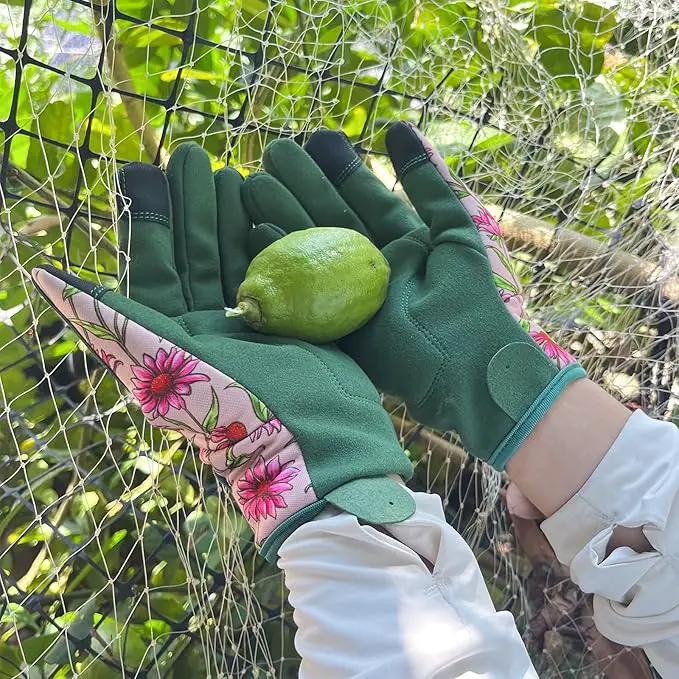 Gardening Gloves for Women, Garden Gloves with Touch Screen, Thorn Proof Puncture Resistant Working Gloves, Gardening Gifts for Women (Green with Pink Flowers, Medium) by GreenHaven Gardens