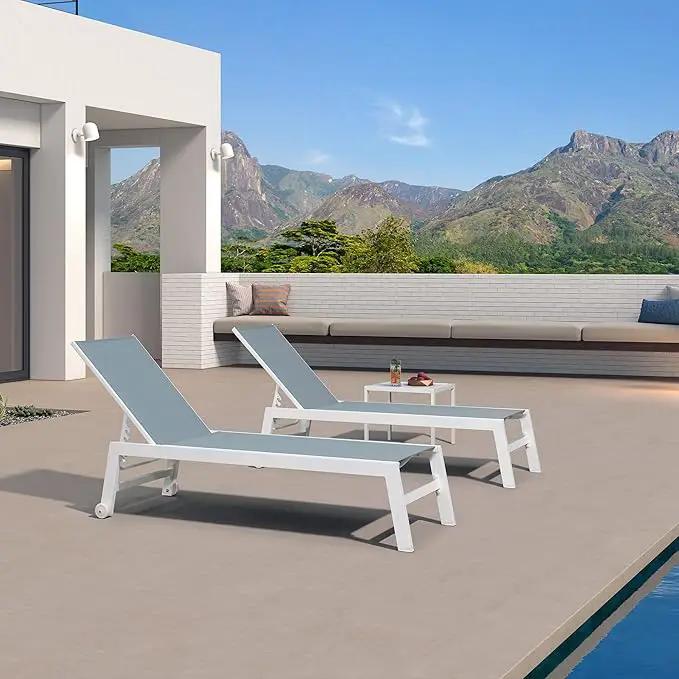 PURPLE LEAF Lounge Chair Outdoor Set of 4 White Aluminum Lounge Chairs with Wheels and Table Outdoor Chaise Lounge for Patio Pool Yard, Steel Blue by GreenHaven Gardens