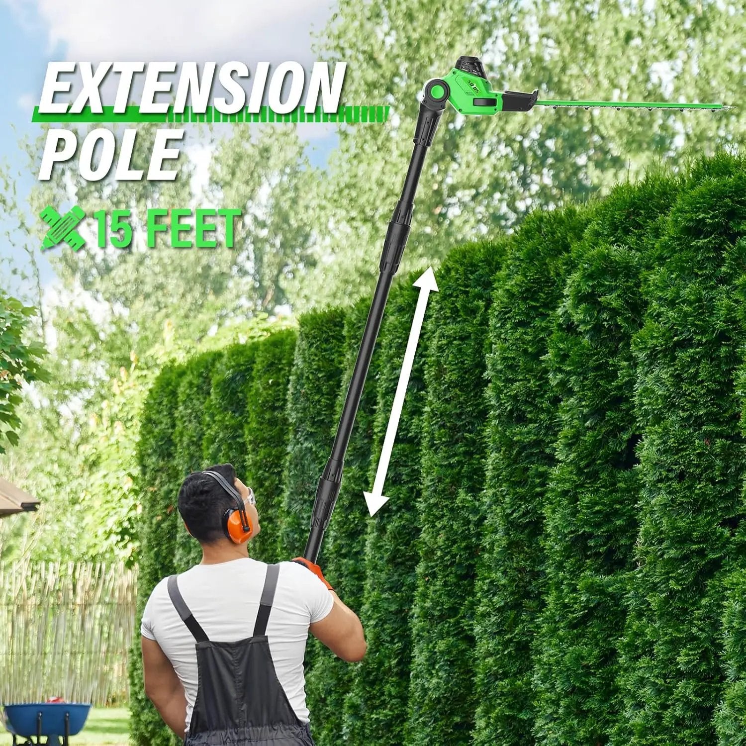 SOYUS Pole Hedge Trimmer Cordless, 18-inch Electric Hedge Trimmer with Extension Pole, 15-Foot Max Reach, Multi-Angle, 2.0Ah Battery and Charger Included by GreenHaven Gardens
