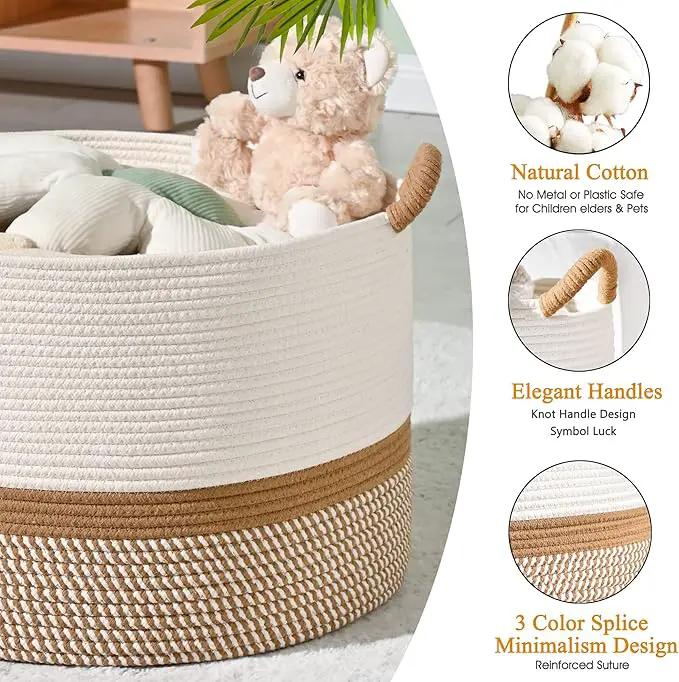 KAKAMAY Large Blanket Basket (20"x13"),Woven Baskets for storage Baby Laundry Hamper, Cotton Rope Blanket Basket for Living Room, Laundry, Nursery, Pillows, Baby Toy chest (White/Brown) by GreenHaven Gardens