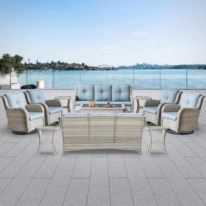 Wicker Patio Furniture Sets - 13 Piece Outdoor Rattan Furniture Conversation Sets with 4 Swivel Rocker Chairs, 2 Rattan Sofas, Wicker Ottomans and Coffee Table, Light Grey/Baby Blue by GreenHaven Gardens