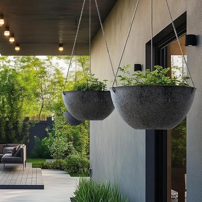 LA JOLIE MUSE Large Hanging Planters for Outdoor Plants - 13 Inch Hanging Flower Pots with Drainage Holes, Set of 2, Rock Grey by GreenHaven Gardens