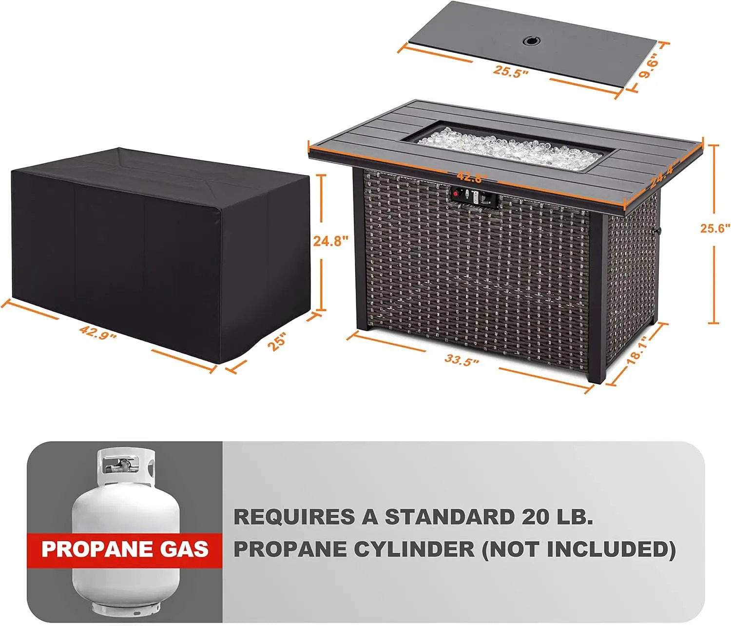 Nuu Garden Outdoor 43 Inch 50,000 BTU Propane Gas Fire Pit Table, Aluminum Tabletop and PE Rattan Weaved Steel Frame, Water-Proof Oxford Cover, Glass Beads, Lid, Dark Brown by GreenHaven Gardens