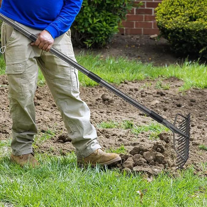 49'' Bow Rake ，17 Tines Metal Head Rakes with Stainless Steel Handle，Heavy Duty Garden Rake for Loosening Soil Gathering Leaf Leveling Lawn Farming Land Management Yarn Thatch Rake by GreenHaven Gardens
