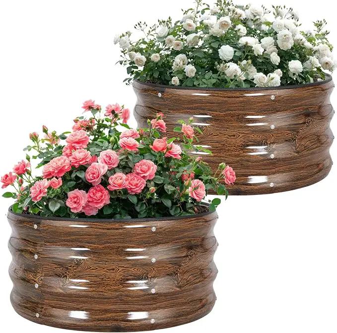 Galvanized Raised Garden Bed- 2Pcs 2x2x1FT Metal Planter Boxes Outdoor | Round Steel Raised Bed Kit & Fire Pit Ring for Gardening with Protective Tape, Gloves for Vegetables (Wood Grain) by GreenHaven Gardens