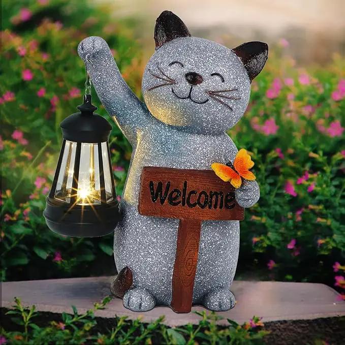 Juegoal Garden Statue Solar Cat Figurine with Lantern, 10" Resin Kitten Outdoor Lawn Porch Yard Art, Lighted Christmas Birthday Gifts for Mom Grandma by GreenHaven Gardens