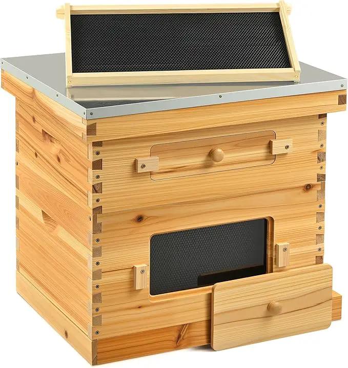 CREWORKS 10 Frame Bee Hive, 2 Layers Beeswax Coated Beehive Starter Kit with Frames & Foundations, Langstroth Bees Hives Box with Transparent Acrylic (Window Medium Box & Deep Box) by GreenHaven Gardens