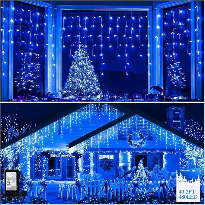 480 LED 49FT Christmas Lights Plug in 8 Modes with Timer Dimmable Christmas Decorations Outdoor Waterproof Indoor Curtain String Lights for Roof Porch Garden Holiday Wedding Party Decor Blue by GreenHaven Gardens