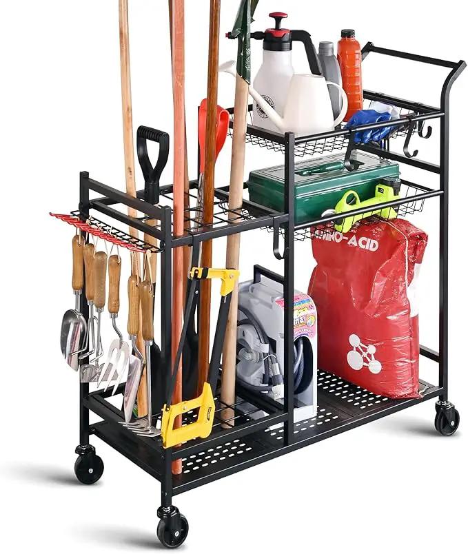 PLKOW Garden Tool Organizer with Wheels, Garden Tool Rack, Yard Tool Holder for Rakes, Shovel, Fertilizer, Garden Tool Storage for Garage, Shed, Outdoor by GreenHaven Gardens