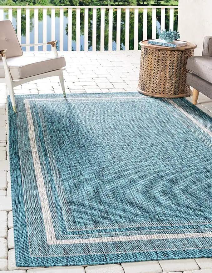 Unique Loom Outdoor Border Collection Area Rug - Soft Border (4' 1" x 6' 1" Rectangle, Teal/ Ivory) by GreenHaven Gardens