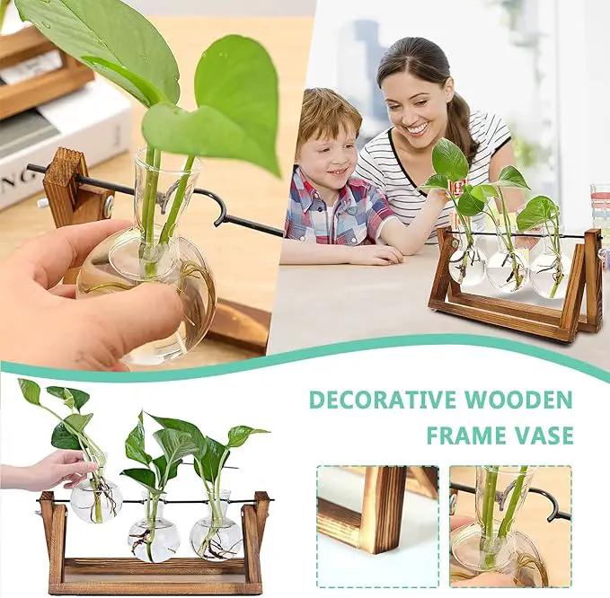 Kingbuy Desktop Glass Planter Iron and Wooden Stand Plant Terrariums for Indoor Office Desk Decor Accessories, 3 Bulb Vases, Brown by GreenHaven Gardens