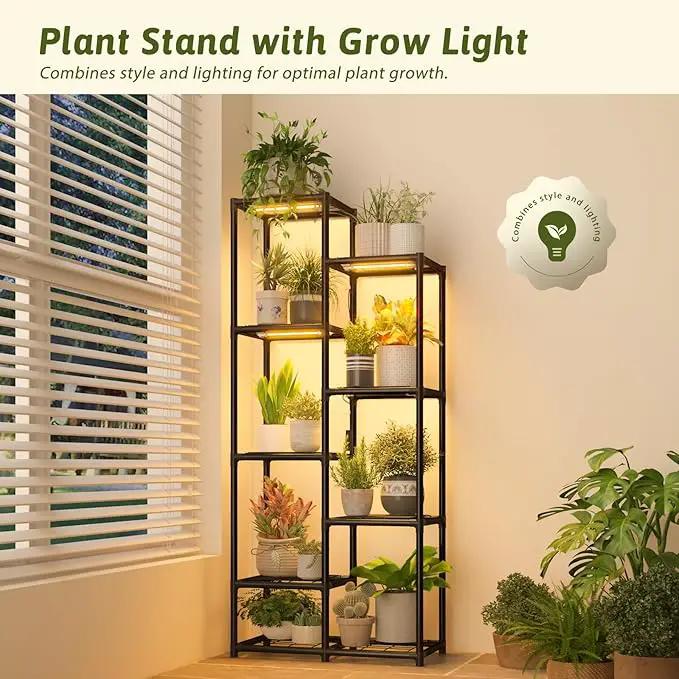 Plant Stand Indoor with Grow Lights Tall Plant Shelf Outdoor Plant Rack Metal Plant Holder Waterproof Black for Multiple Plants Table Flower Pot for Living Room Patio Balcony Garden by GreenHaven Gardens