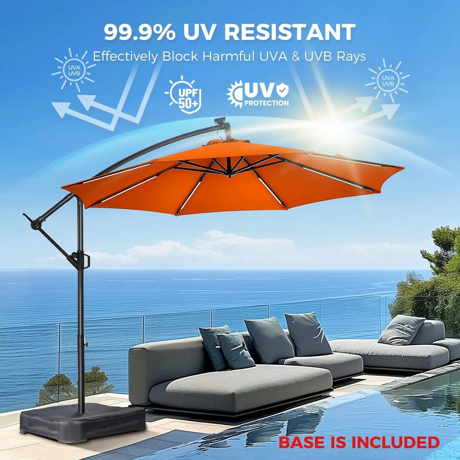 HOMSHADE 10ft Solar Lights Offset Cantilever Patio Umbrella - with Light and Base, LED Lighted Offset Hanging Patio Outdoor Market Umbrella UPF50+ UV Protection with Easy Tilt and Crank (Orange) by GreenHaven Gardens