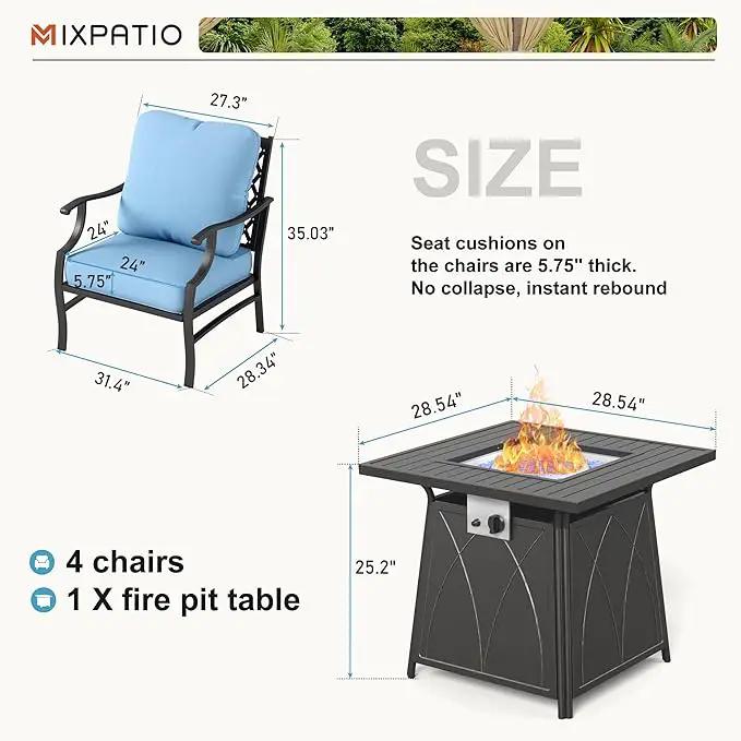 Patio Furniture Set with Fire Pit Table, 5 Pcs Metal Outdoor Conversation Set, 4 Single Chairs with 5.75" Extra Thick Cushion and 28" Fire Pit Table for Backyard Deck, Blue by GreenHaven Gardens