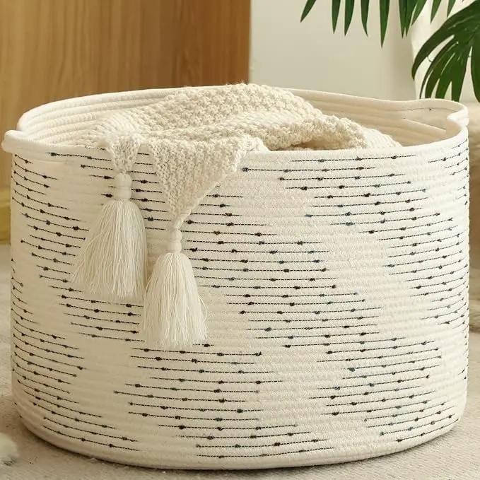 KAKAMAY Large Blanket Basket (20"x13"),Woven Baskets for storage Baby Laundry Hamper，Cotton Rope Blanket Basket for Living Room, Laundry, Nursery, Pillows, Off White with Blue & Brown Dotted Pattern by GreenHaven Gardens