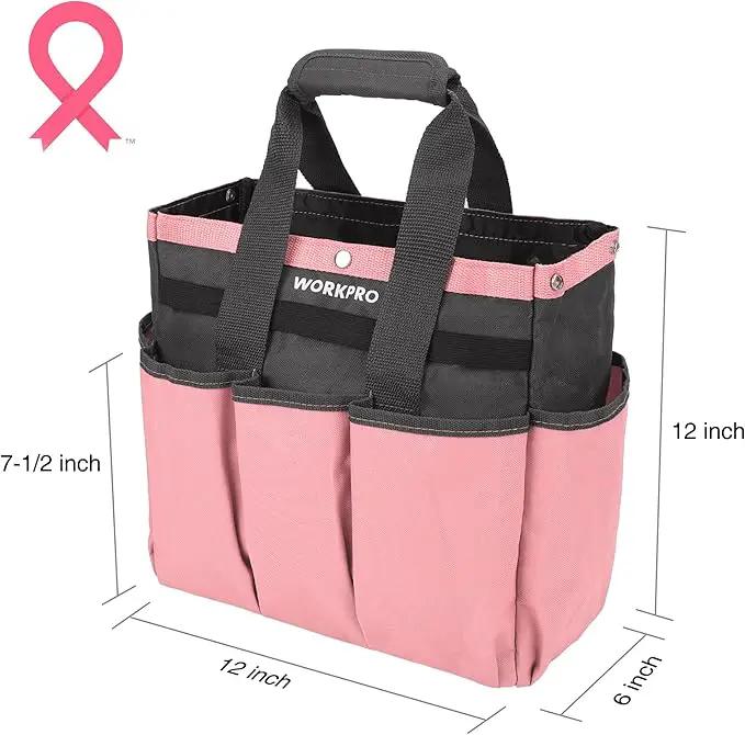 WORKPRO Garden Bag, Garden Tool Tote Storage Bag with 8 Pockets, Home Organizer for Outdoor Gardening Caddy, Garden Tool Kit Holder (Tools NOT Included), Pink Ribbon, Garden Gifts by GreenHaven Gardens