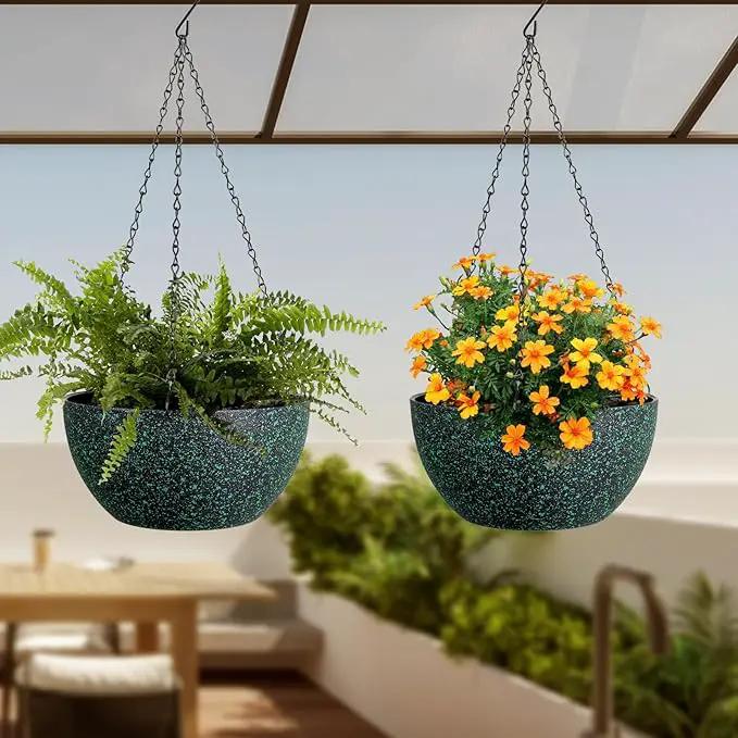 10 inch Hanging Planters for Indoor Outdoor Plants, 2 Pack Hanging Flower Pots with Drainage Holes and Chain for Garden, Plastic Hanging Baskets for House Plants, Black with Green Speckles by GreenHaven Gardens