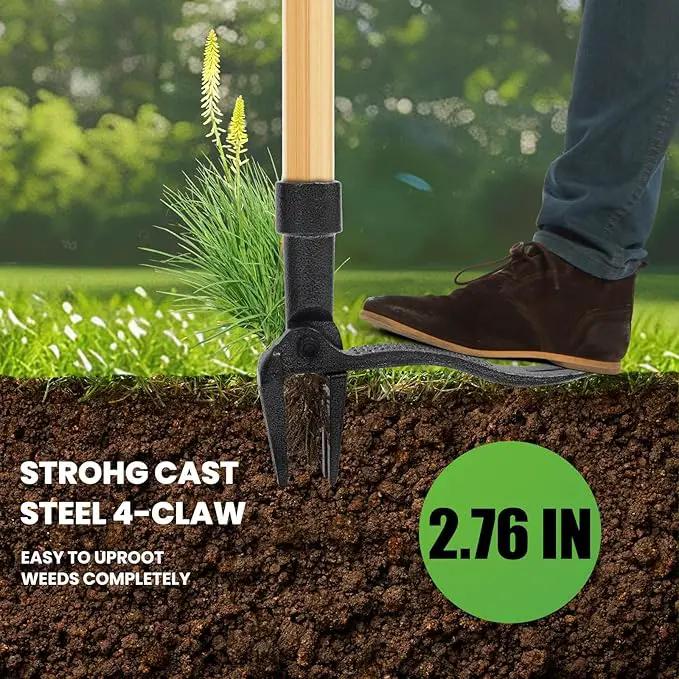 Weed Puller Tool Stand Up Weed Puller Tool with 3-Section Bamboo Handle & 4-Claw Steel Head Manual Weeder for Lawn and Garden (Bamboo) by GreenHaven Gardens