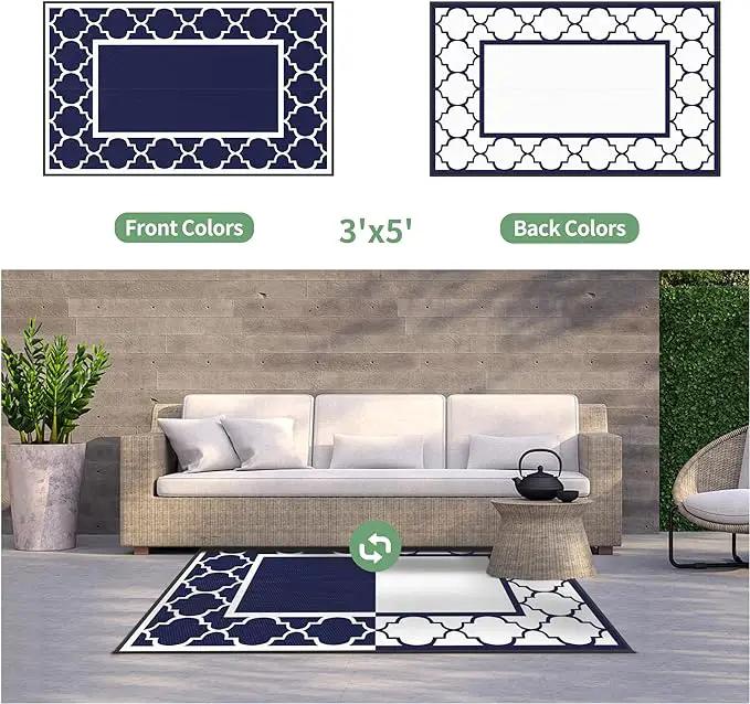 GENIMO 3' x 5' Outdoor Rug Waterproof for Patio Decor, Foldable Reversible Plastic Straw Area Rugs Mat for Camper, Outside Carpet for Rv, Deck, Porch, Picnic, Beach, Balcony, Blue & White by GreenHaven Gardens