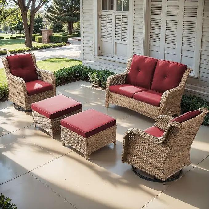 Outdoor Wicker Patio Furniture Set - 5 Piece Rattan Patio Conversation Set with 2 Rocking Swivel Chairs,2 Ottomans and 1 Loveseat for Porch Deck Backyard Garden(Yellow/Red) by GreenHaven Gardens