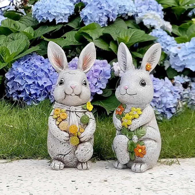 Solar Easter Rabbit Statue - Rock-Like Design with Flower Lamp Beads Woman Gifts Resin Easter Bunny Sculpture for Indoor and Outdoor Statue Decor, Garden Decoration by GreenHaven Gardens