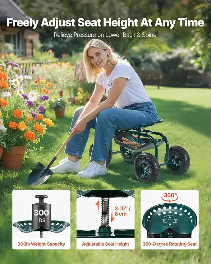 VEVOR Rolling Garden Cart with Swivel Seat, Heavy Duty Garden Seat with Storage Basket & Tool Tray, 300 lbs Weight Capacity, Outdoor Utility Gardening Stool Scooter for Lawn Yard Planting Weeding by GreenHaven Gardens