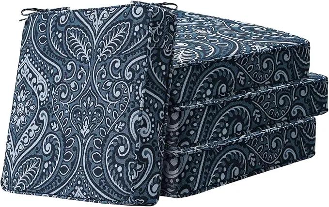 Square Corner Seat Cushions, 19" x 19" x 3", Set of 4, Indoor Outdoor Water Repellent Universal Chair Pads with Ties for Patio Furniture, Garden Deck Dining Chairs, Damask Blue Flower by GreenHaven Gardens