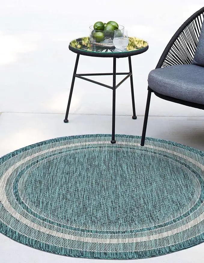 Unique Loom Outdoor Border Collection Area Rug - Soft Border (13' Round, Teal/ Ivory) by GreenHaven Gardens