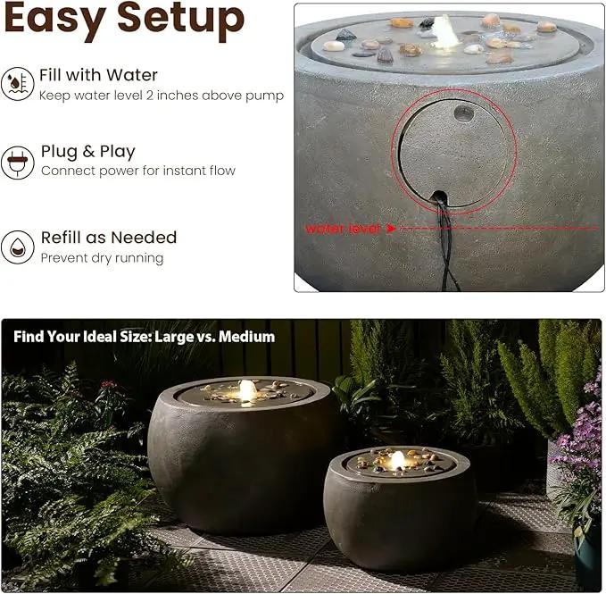 Garden Water Fountain Outdoor Bubbler Water Feature Indoor with Lights & Pump and Pebbles Waterfall Fountains Concrete Effect for Patio Deck Yard Home Decor Gray, 18 "L x 18" W x 11.5" H by GreenHaven Gardens