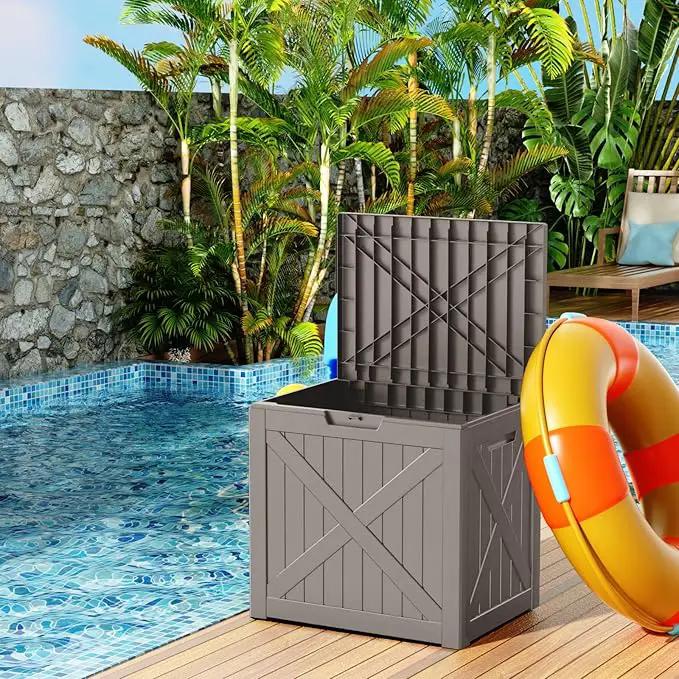 32 Gallon Outdoor Deck Box,Storage Lockable Waterproof Patio Furniture,Garden Tools,Cushions,Pool Accessories Outside Storage Resin Box(Light Brown) by GreenHaven Gardens