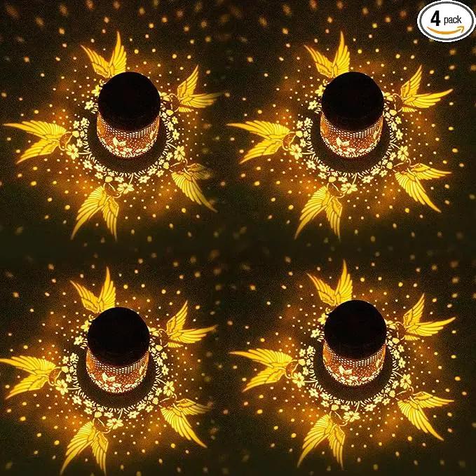 4 Packs Solar Lanterns Outdoor Hanging Lantern Lights, 4 Hummingbirds Hollowed-Out Metal Decor Lantern, Waterproof LED Decorative Garden Light Gifts by GreenHaven Gardens