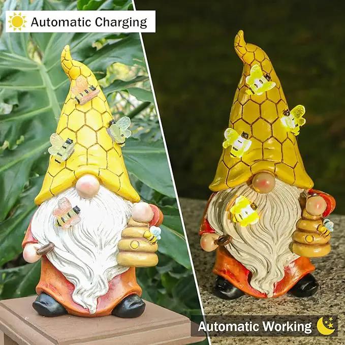 Garden Gnome Statue with Bee Solar Lights, Resin Gnome Figurine for Outdoor Decor, Porch Patio Yard Decorations by GreenHaven Gardens