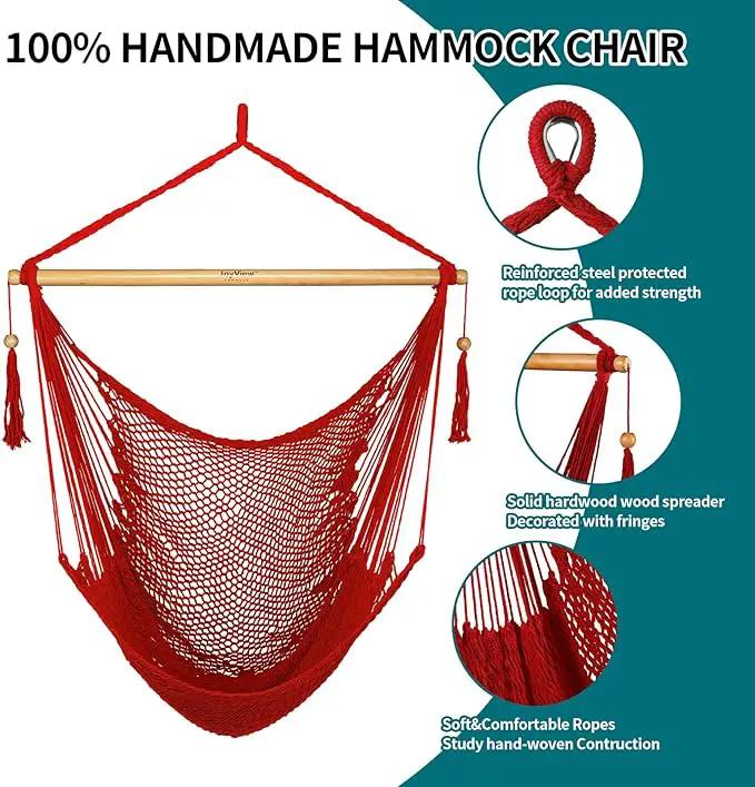 JoyView Hammock Chair with Spreader Bar Caribbean Hammock Swing Chair 300 LBS Weight Capacity XL Rope Hanging Chair for Outdoor Indoor Garden Yard - Red by GreenHaven Gardens