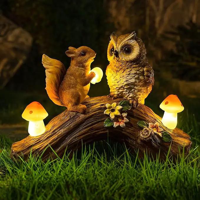 Solar Owl Garden Statues Outdoor Decor Resin Owl Squirrel Figurine with Mushroom Lights for Patio Lawn Yard Decorations Christmas Housewarming Gardening Gifts for Women Mom by GreenHaven Gardens