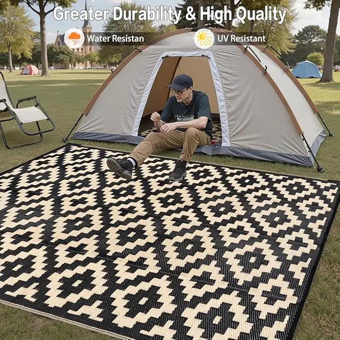 Outdoor Plastic Straw Rug, Waterproof Mat, Washable Large Floor Mat and Rug for Outdoors, RV, Beach, Patio, Camping, Backyard, Deck, Picnic, Indoor Outside (6x9ft,Geometry/Black&Beige) by GreenHaven Gardens