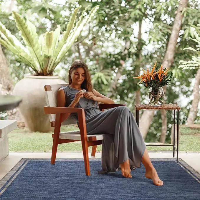 CAMILSON Outdoor Rug, 6x9 Bordered Navy Blue Gray Modern Area Rugs for Indoor and Outdoor Patios, Porches Waterproof Washable Porch Deck Outside Carpet (Bordered Navy, 6 x 9) by GreenHaven Gardens