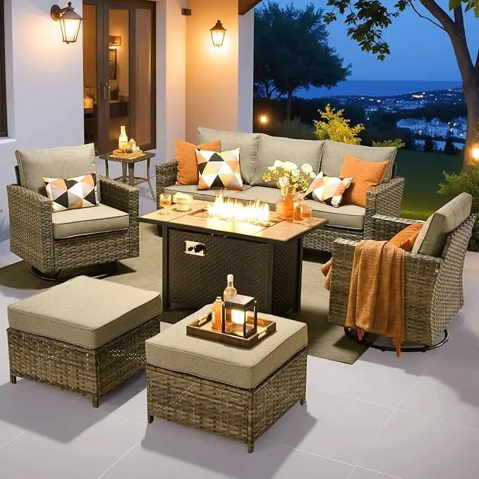 ovios 7 Pieces Patio Furniture Set with 42" Fire Pit Table, Outdoor Wicker Sofa with Swivel Chairs, All Weather High Back Rattan Couch Conversation Set, Dark Grey by GreenHaven Gardens