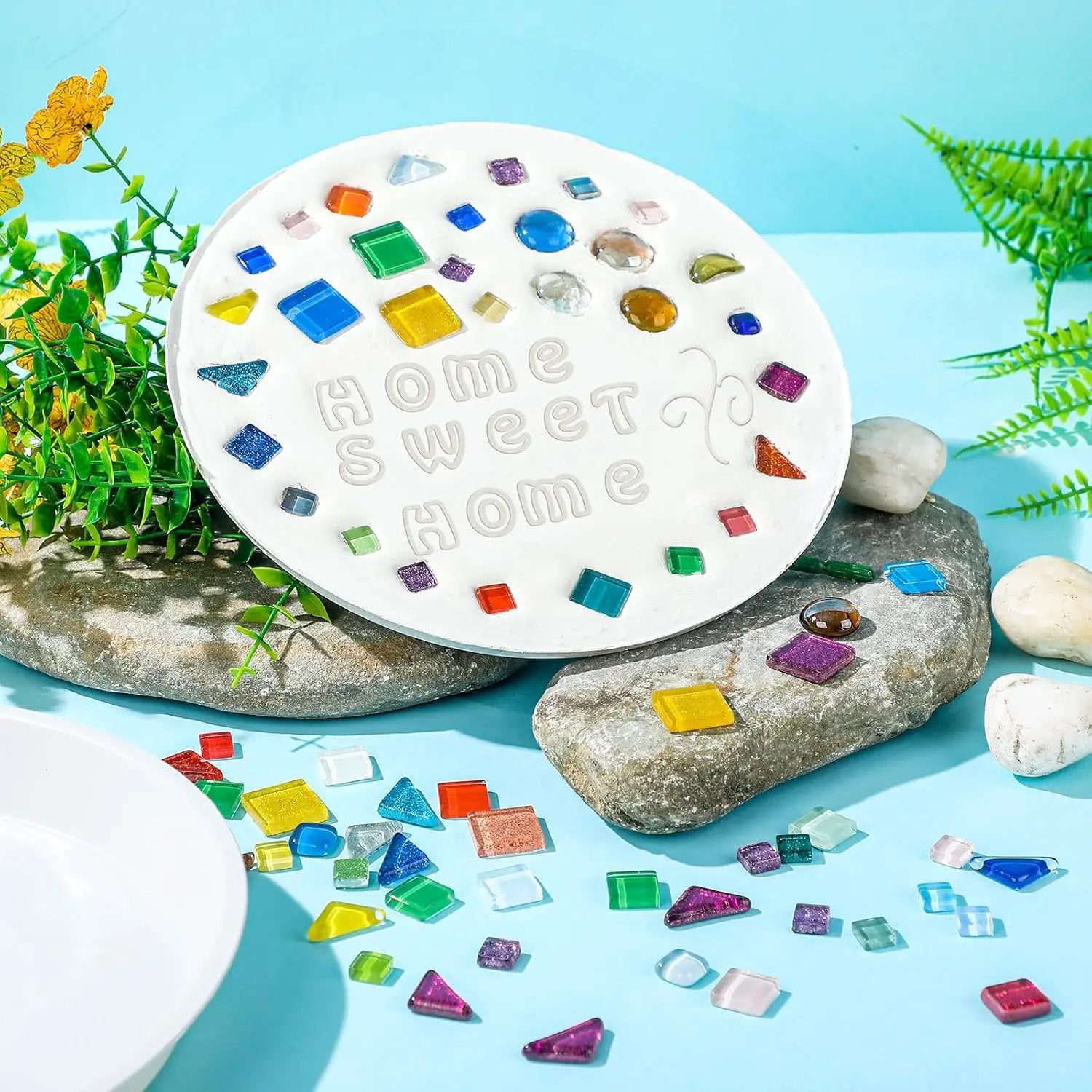 5 Pcs 3 Size Stepping Stone Kit for DIY Outdoor Garden Stepping Stone Includes Cement Molds Mosaic Tiles and Concrete Letter Stamps No Concrete Mix(White) by GreenHaven Gardens