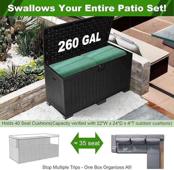 260 Gallon Outdoor Storage Box Waterproof, Extra Large Plastic Outside Deck Box Weatherproof, Resin Patio Storage Bin with Lock and Lids for Pool Equipment and Cushion, Black by GreenHaven Gardens