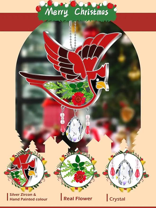 KY&BOSAM Cardinal Suncatcher Crystal Had Painted Glass Sun catchers Hangings for Windows Ornament with Pressed Real Flower and Heart Charm Birthday Gifts for Women Mom Mother's Day Christmas Mom Gifts by GreenHaven Gardens