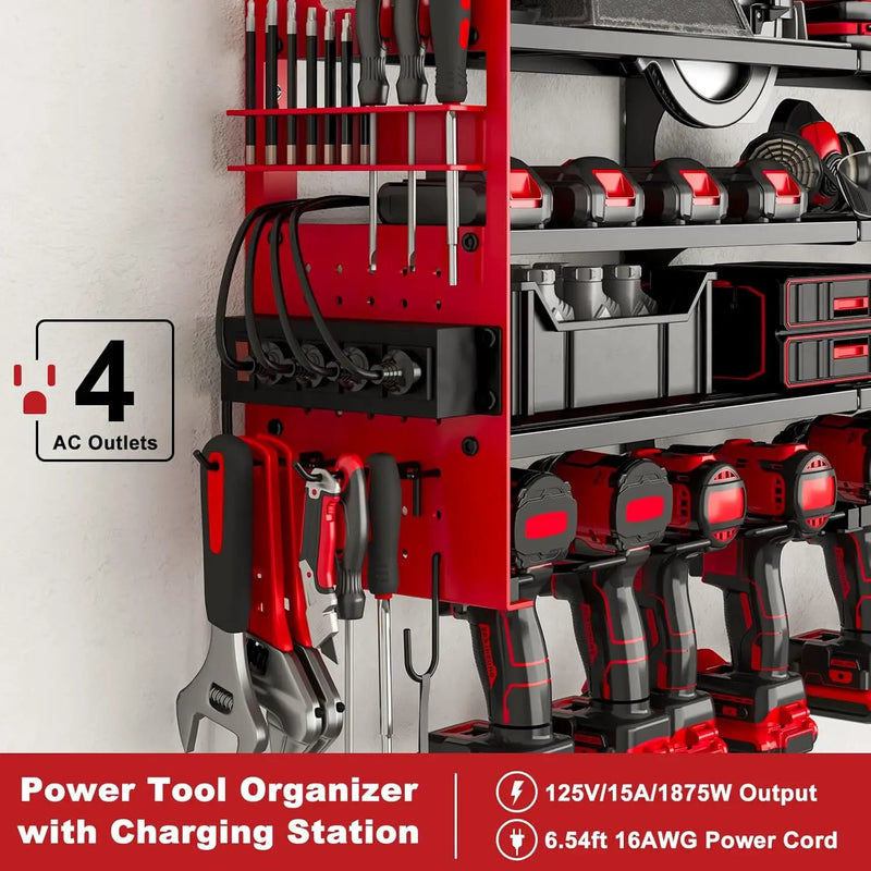 12 Cordless Drill Holder Large Power Tool Organizer Wall Mount with Side Pegboard & Screwdriver Holder, 4-Tier Heavy Duty Metal Tool Storage Rack with 4-Outlet Power Strip by GreenHaven Gardens