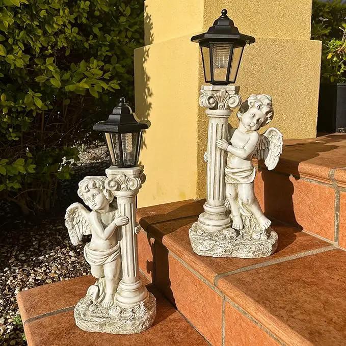 Angel Statue with Solar Lights (Left) 19.7 Inch, Outdoor Solar Angel Garden Statue with Roma Pillar for Garden Lawn Deocr, Christian Religious Gift by GreenHaven Gardens