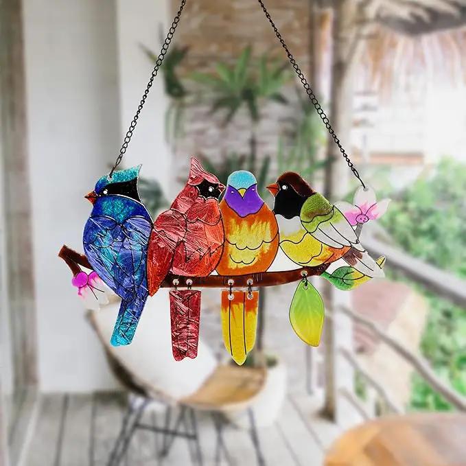 Stained Glass Window Hanging, Birds on A Branch Stain Glass Suncatcher, Hand-Painted Sun Catchers Indoor Window Decoration Bird Lover Gift for Mom, Grandma, Stocking Stuffers for Women by GreenHaven Gardens