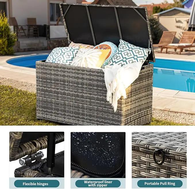 178 Gallon Outdoor Storage Box, Patio Deck Box with 2 Wheels, Handle Large Portable Wicker Rattan Deck Box for Patio Furniture Cushions, Throw Pillows, Garden Tools and Pool Floats (Gray) by GreenHaven Gardens