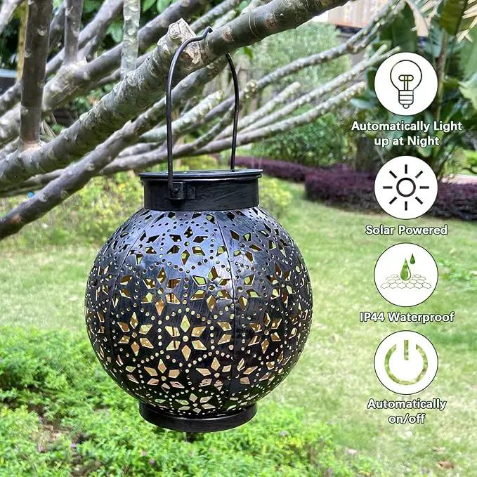 2 Pack Outdoor Solar Lantern Lights, Waterproof Tabletop LED Moroccan Lanterns, Hanging Metal Decorative Garden Lights for Patio, Lawn, Porch, Backyard by GreenHaven Gardens