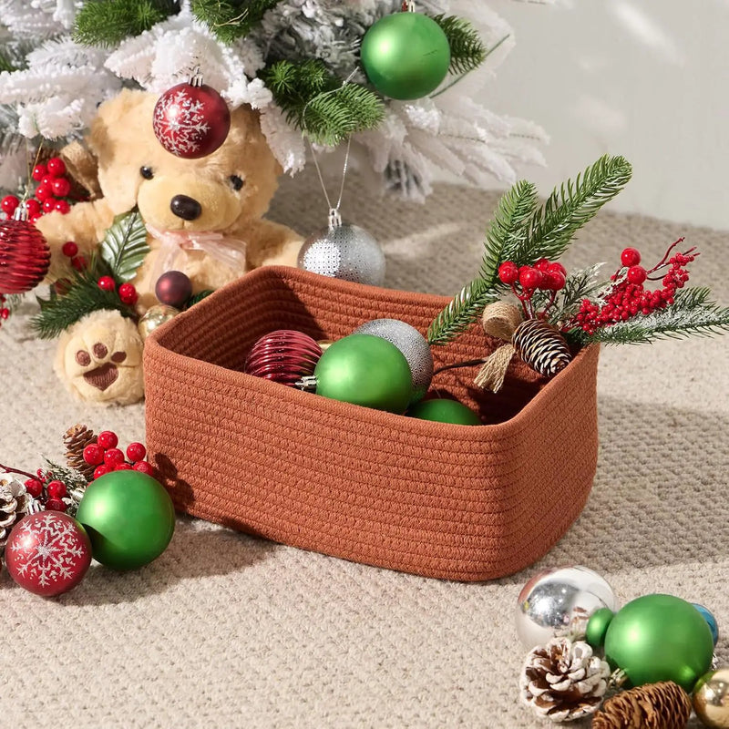Small Storage Baskets for Organizing | Closet Organizer Bins | Shelf Toy Basket | Woven Rope Baskets | Cube Decorative Box | Shallow Basket | 11.5x7.5x4.7” | 3 Packs Oxide Red by GreenHaven Gardens