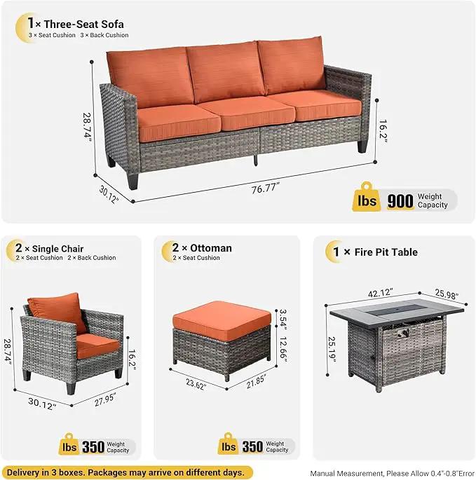 ovios 6 Pieces Patio Furniture Set with 42" Fire Pit Table, Outdoor Wicker Sofa with Comfy Cushions, All Weather High Back Rattan Couch Conversation Set, Orange Red by GreenHaven Gardens