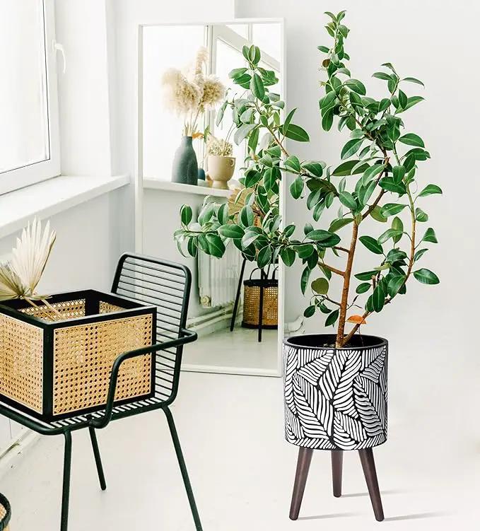 D'vine Dev 10 Inch Planter Pot with Stand, Mid-Century Tall Plant Pot with Legs for Indoor Plants, Medium, White/Grey, 88-L-B-7 by GreenHaven Gardens