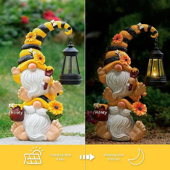 Solar Bee Garden Gnomes with LED Lantern – Waterproof Stacked Outdoor Decor for Yard, Patio – Unique Gnome Gift for Mom, Grandma, Women (Weatherproof Resin Outdoor Statues) by GreenHaven Gardens