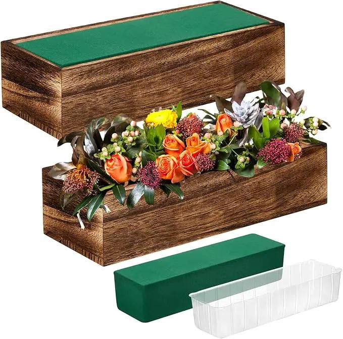 Dandat 4 Set Wood Boxes for Centerpieces Rectangle Wooden Planter Box Rustic Wood Planter with Removable Plastic Liner Floral Foam Blocks for Centerpieces Home Wedding Garden Decor (12x4 Inch) by GreenHaven Gardens